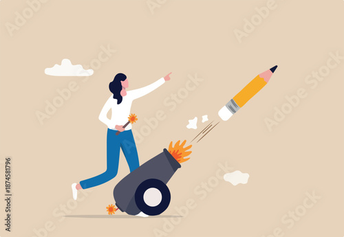 Launch new creativity idea, boost inspiration and challenge, start writing blog, storytelling or create brand concept, motivated creative woman launch new idea by shooting pencil cannon into the sky.