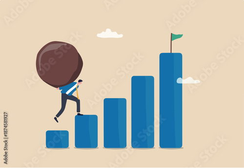 Difficult task, problem or difficulty to achieve success, overcome challenge, over burden or heavy boulder, effort to success concept, exhausted businessman carry heavy boulder step up to success.