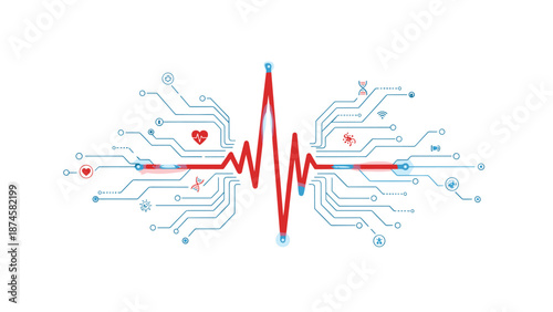Dynamic heartbeat line integrated with circuit board elements and medical icons, representing advanced digital healthcare and diagnostics.