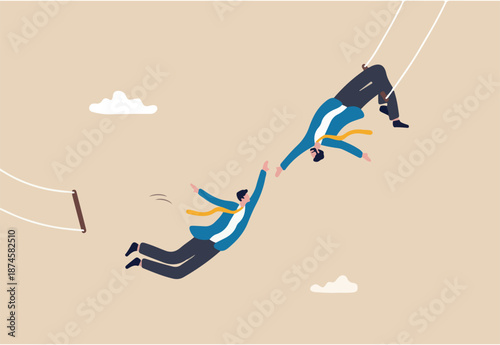 Trust, partnership and support to success in work, collaborate or cooperate teamwork, risk taking, unity or help to achieve target concept, businessman trapeze perform jumping and catch by partner.