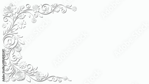 Exquisite white 3D paper cut floral corner design with intricate swirls and delicate flowers, perfect for elegant invitations or decorative borders.