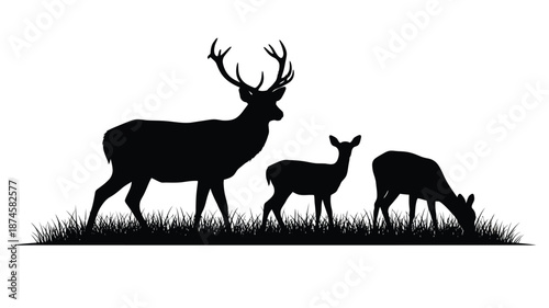A family of deer grazing in a field striking black silhouette