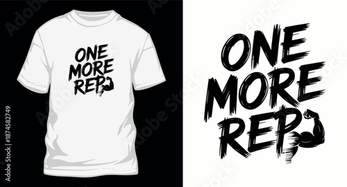 One more rep t-shirt design with grunge lettering and muscular arm, vector illustration for fitness apparel