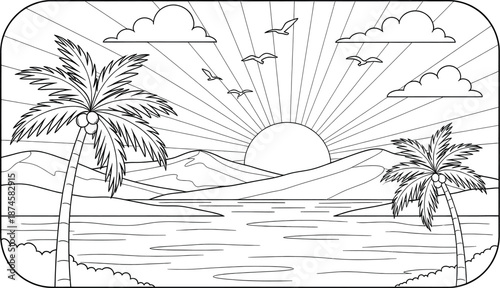 Black and white illustration of a tropical beach scene at sunrise with palm trees and birds flying overhead