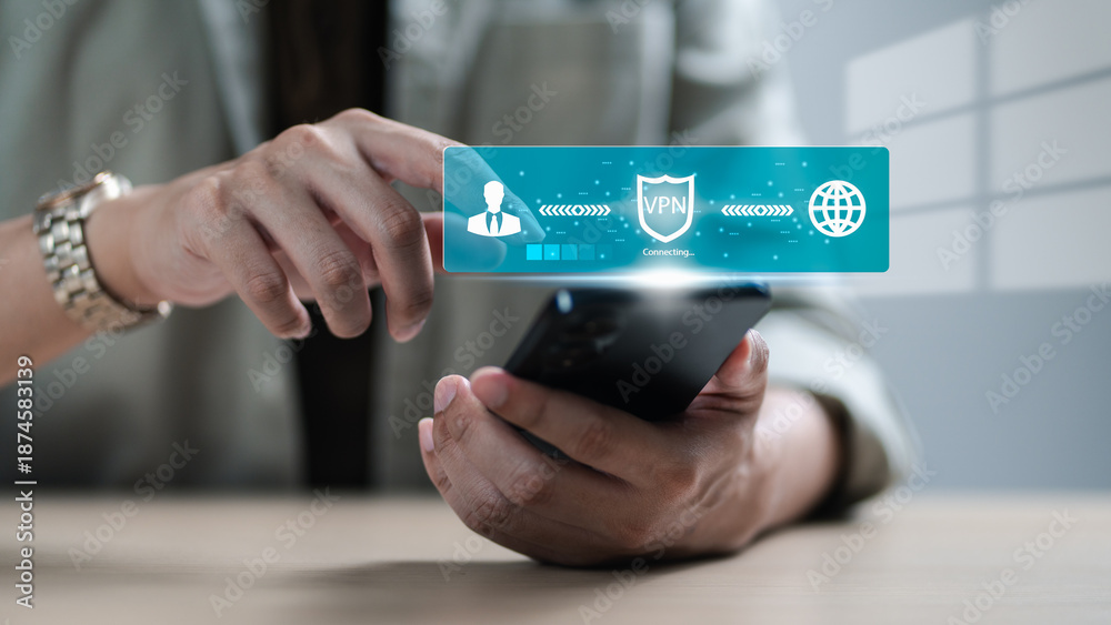 Fototapeta premium User activating VPN connection on smartphone to ensure secure internet access, encrypted data transmission, and online privacy protection in a digital environment. VPN, connection, secure, internet
