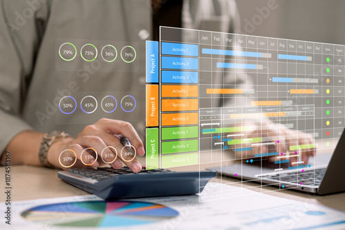 Quadro em tela Project manager analyzing timeline, progress charts, and resource allocation with digital project planning dashboard for efficient task tracking