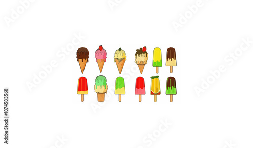 Colorful ice cream cone and popsicle vector set isolated