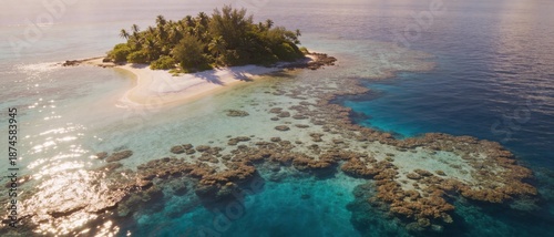 A serene tropical island surrounded by clear blue water and coral reefs, featuring lush greenery and a sandy shore under a bright sky.