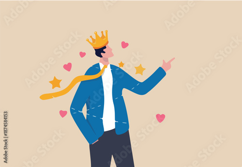Narcissist people, extreme self involvement too much confident disorder, so proud attitude egocentric person, narcissism businessman admire himself and proud of his crown with love and stars around.