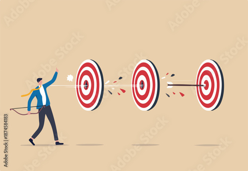 Completed multiple tasks with single action, business advantage or efficiency to success and achieve many targets with small effort, smart businessman archery hit multiple bullseye with single arrow