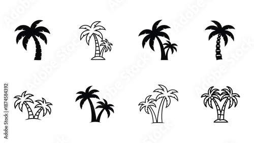 Collection of tropical palm tree icons in varying styles a dark silhouette