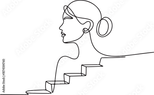 Continuous line drawing of a woman's profile with stairs emerging from her thoughts
