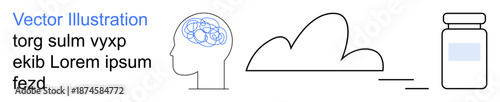 Mental health, cloud technology, medicine, innovation, neuroscience, healthcare. Outline of head with brain, cloud and medicine bottle. Mental health and cloud technology concepts