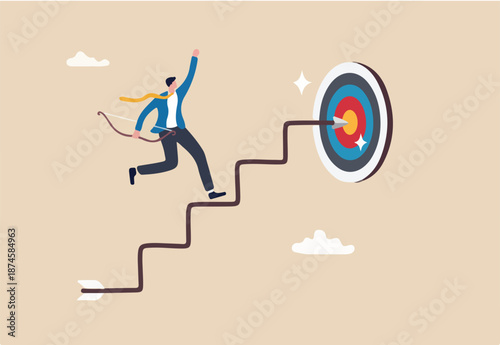 Step to reach goal, success or achieve business target, strategy plan to improve and overcome challenge, progress or aiming to win concept, businessman archery run on stair case arrow to reach goal