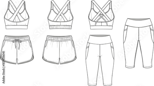 Women activewear technical fashion sketches showing sports bra shorts and leggings front back views fitness clothing design line art illustration isolated on white background