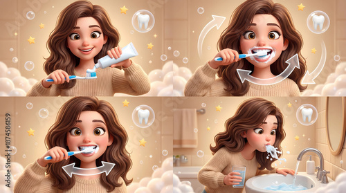 Girl demonstrating proper tooth brushing technique in a bathroom setting