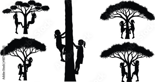 Silhouette illustration of children climbing and playing on trees showing childhood adventure teamwork outdoor activity nature fun isolated on white background vector style