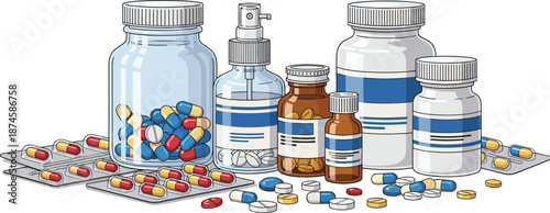 Various medicine bottles, pill containers, capsules and tablets isolated on white background, pharmaceutical healthcare concept illustration showing prescription drugs, vitamins, supplements and medic