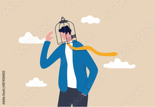 Limited understanding, creativity blocker, fear of challenge, bias or ego trapped, powerless or lack of intelligence concept, depressed businessman with birdcage lock his head.