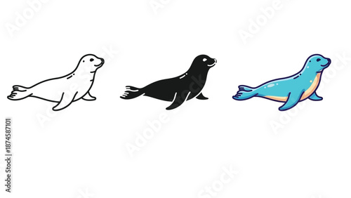 Set of three seal icons outline, black silhouette and colorful cartoon illustration of a sea lion or seal a