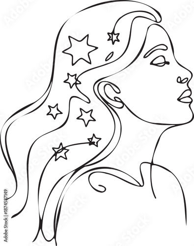 A serene woman's profile with flowing hair and stars, in a minimalist illustration style, viewed from the side