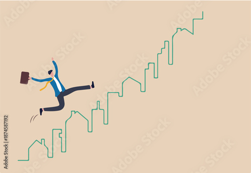 Real estate market price rising up chart, homebuyer or property investment concept, businessman homebuyer or real estate agent happy running on rising up house and building green graph and chart.