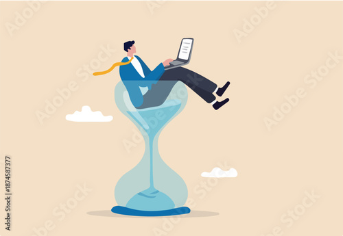 Work against deadline, time counting down to finish project, efficiency to spend time to complete work within timeline concept, busy businessman working with laptop inside hourglass count down timer
