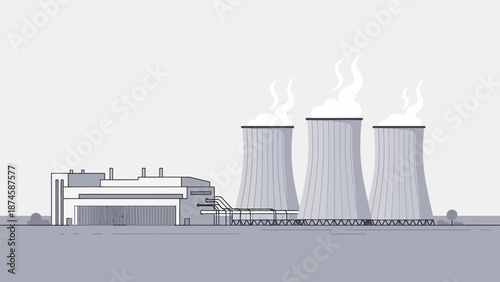 Monochromatic flat illustration of a large industrial nuclear power plant featuring cooling towers emitting steam, representing modern energy production and essential infrastructure