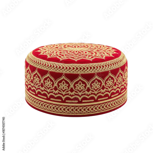 Ornate red pouf with gold embroidery