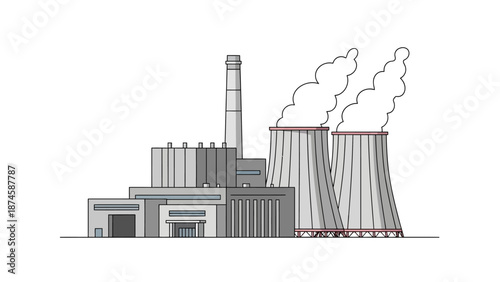 Modern industrial power plant vector illustration with a tall smokestack and massive cooling towers emitting steam, representing energy production, heavy industry, and environmental impact