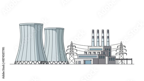 Industrial power plant with prominent cooling towers and various structures, symbolizing electricity generation, energy supply, and heavy industry infrastructure in a modern line art style