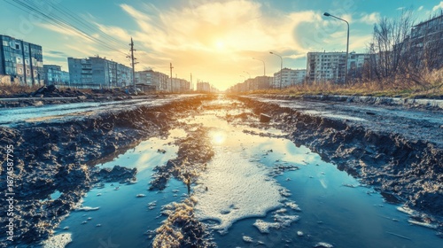 A reflection of sunlight on a muddy stagnant puddle on a neglected urban road with buildings lining the horizon under a cloudy sky