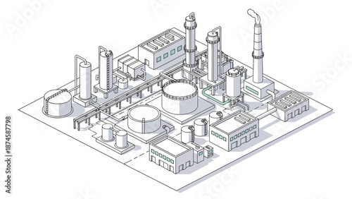 Isometric line art of an industrial factory complex with buildings, storage tanks, and processing units. Represents manufacturing and energy production infrastructure