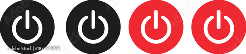 Power button icon set illustration with on off symbols in black and red circles, modern energy control buttons for user interface, apps, electronics, and digital design systems