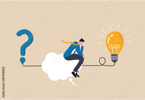 Problem solving skill, critical thinking or finding solution to solve problem, answer question, creativity or imagination, businessman on thinking bubble connect question mark to lightbulb solution.