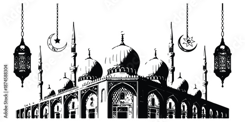 Grand mosque exterior illustration with hanging ramadan lanterns and crescent star symbols at night