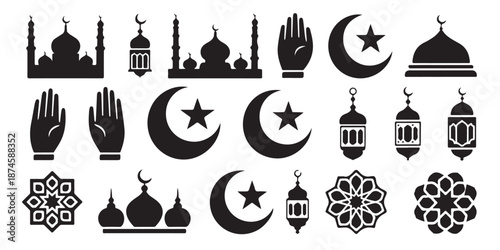 Islamic icon set of mosques hands crescent stars lanterns mandalas and geometric ornaments symbol