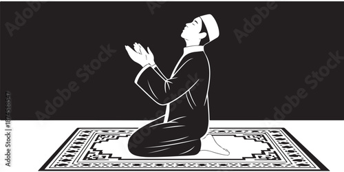 Young muslim man kneeling on prayer rug in dua pose for ramadan spiritual worship background