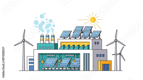 Sustainable industrial complex powered by solar panels and wind turbines, depicting modern clean energy manufacturing and environmental responsibility