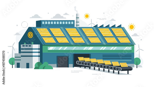 Sustainable factory building harnessing solar panel technology for eco-friendly industrial production, illustrating a modern commitment to clean energy and green manufacturing processes