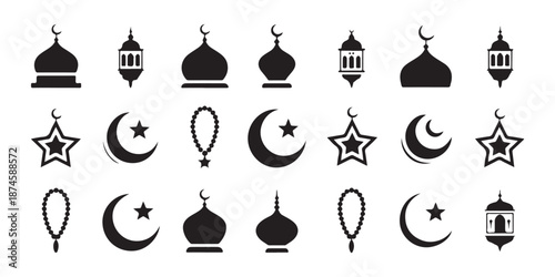 Islamic prayer icon set, collection of various traditional muslim symbols for religious celebrations