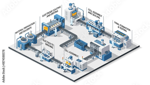 Comprehensive Isometric Diagram of an Automated Battery Cell Manufacturing Process, Highlighting Industrial Production Stages and Robotic Assembly Lines for Modern Energy Solutions