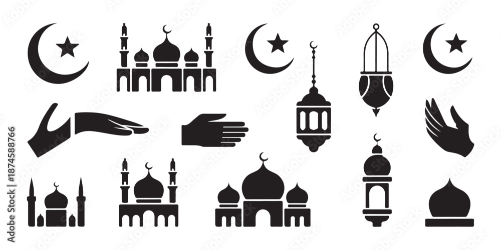 Fototapeta premium Assortment of Islamic religious symbols including mosques crescent stars lanterns and hands