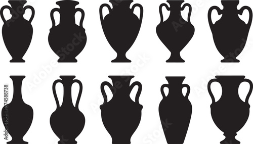 Antique Vase Silhouettes Set Black Vector Collection Vintage Pottery  Icons, vector and illustration, black and white	