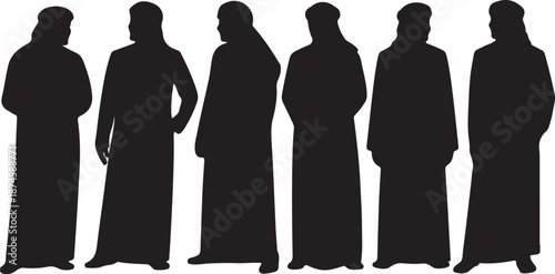 Arab Men Silhouettes Set Black Vector Collection Traditional Middle Eastern Poses, vector and illustration, black and white	