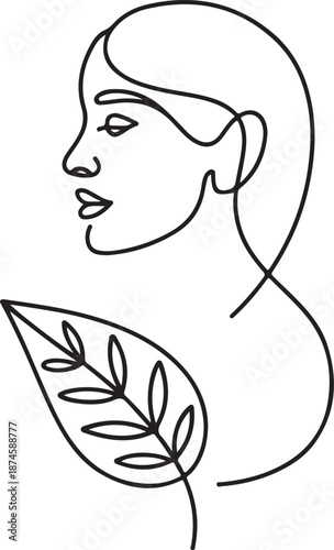 Elegant minimalist line art woman profile with organic leaf illustration, representing natural beauty and holistic well-being and growth