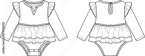 Baby girl bodysuit dress technical fashion illustration showing front and back views, detailed outline garment drawing for infant clothing design, manufacturing, pattern making, and apparel presentati