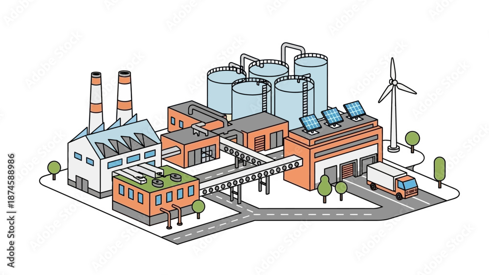 Naklejka premium Eco-friendly industrial complex showcasing sustainable manufacturing with integrated renewable energy solutions like solar panels and wind power generation