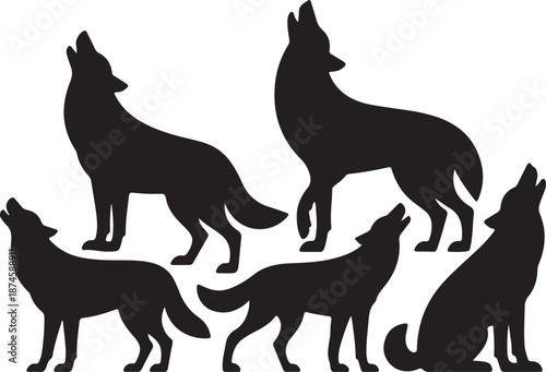 Wolf Silhouettes Set Black Vector Collection Wild Animal Icons Pack, vector and illustration, black and white	
