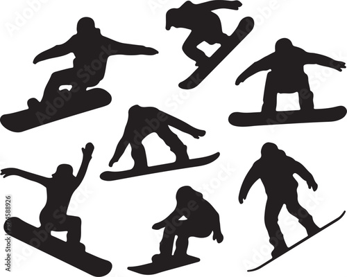 Snowboarder Silhouettes Set Black Vector Collection Winter Sport Action Poses, vector and illustration, black and white	